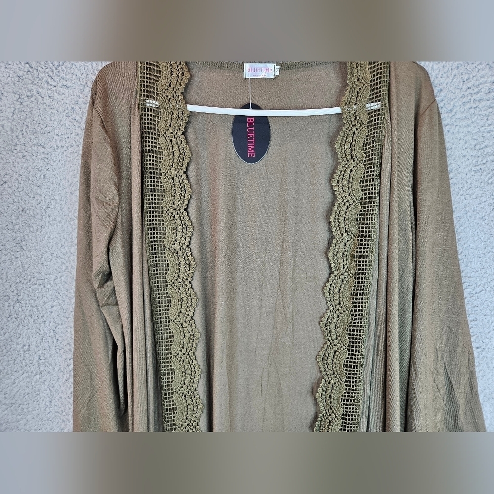Bluetime Womens Green Long Line Open Front Lace Trim Cardigan Sz M=8/10 - Picture 3 of 11